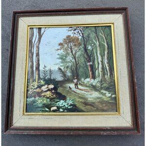 Vintage Oil Painting on Porcelain Man In Woods with Dog  Rifle READ